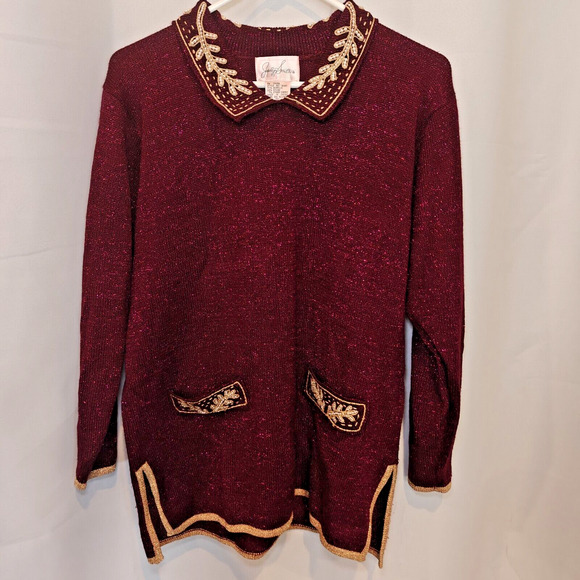Jaclyn Smith Sweater Women S Burgundy Embroidered Gold Trim Holiday Christmas - Picture 1 of 9